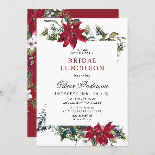 Elegant Red Poinsettia Watercolor Bridal LUNCHEON Invitation