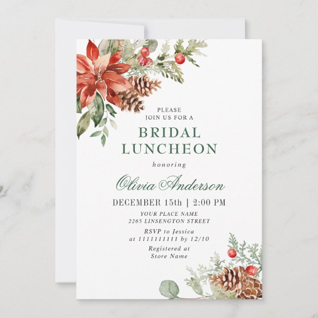 Elegant Red Poinsettia Watercolor Bridal LUNCHEON Invitation (Front)