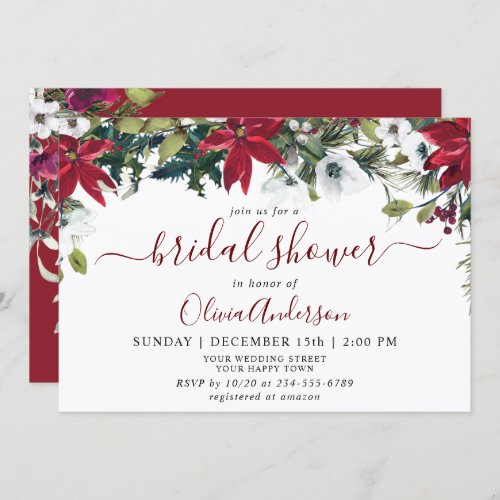 Elegant Red Poinsettia Watercolor BRIDAL SHOWER Invitation