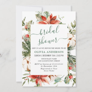 Elegant Red Poinsettia Watercolor BRIDAL SHOWER Invitation