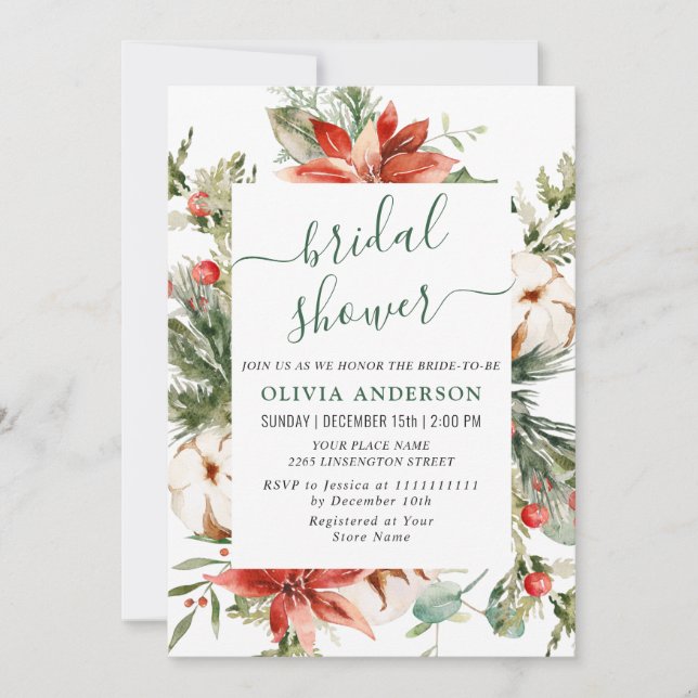 Elegant Red Poinsettia Watercolor BRIDAL SHOWER Invitation (Front)