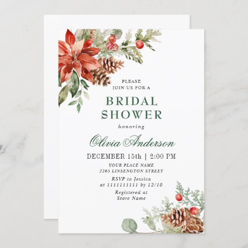 Elegant Red Poinsettia Watercolor BRIDAL SHOWER Invitation