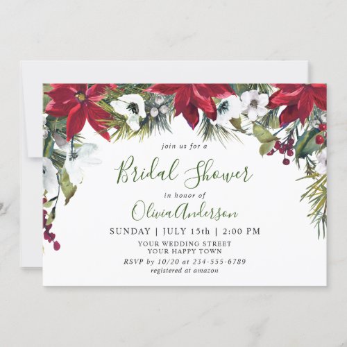 Elegant Red Poinsettia Watercolor BRIDAL SHOWER Invitation