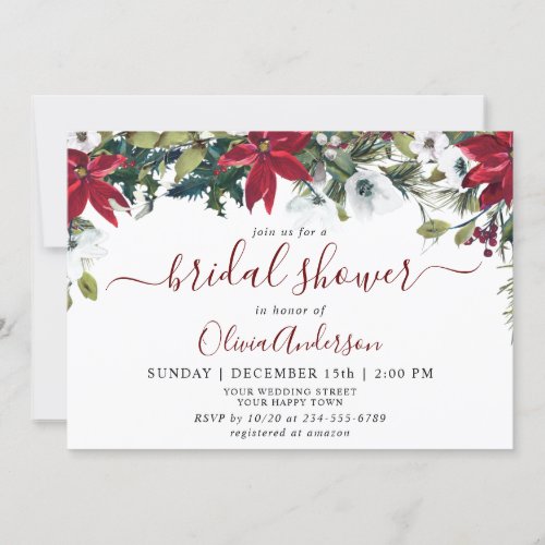 Elegant Red Poinsettia Watercolor BRIDAL SHOWER Invitation