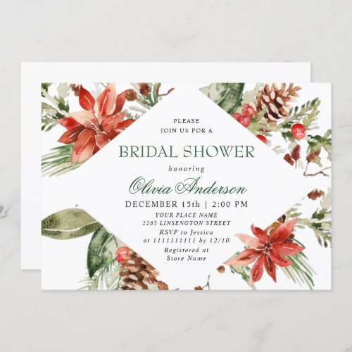 Elegant Red Poinsettia Watercolor BRIDAL SHOWER Invitation