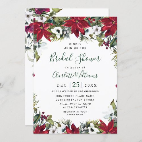 Elegant Red Poinsettia Watercolor Bridal Shower Invitation