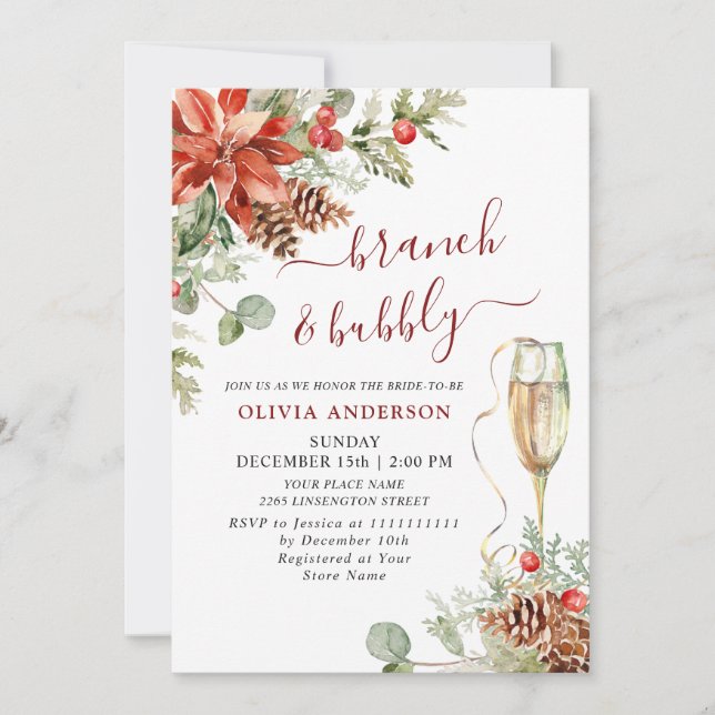 Elegant Red Poinsettia Watercolor Brunch & Bubbly Invitation (Front)