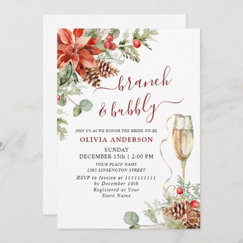 Elegant Red Poinsettia Watercolor Brunch  Bubbly Invitation