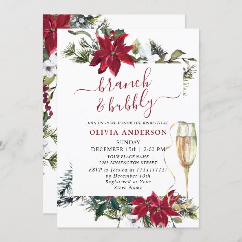 Elegant Red Poinsettia Watercolor Brunch  Bubbly Invitation