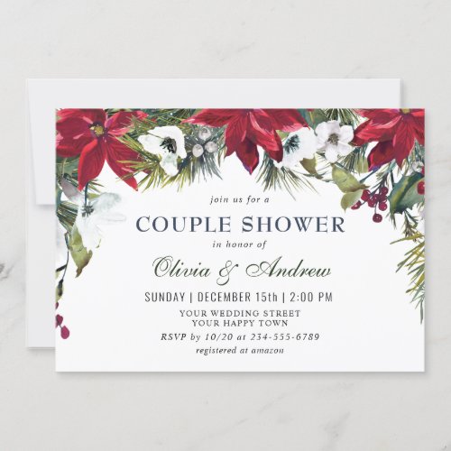 Elegant Red Poinsettia Watercolor COUPLE SHOWER In Invitation