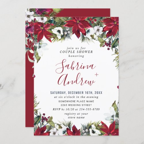 Elegant Red Poinsettia Watercolor COUPLE SHOWER Invitation