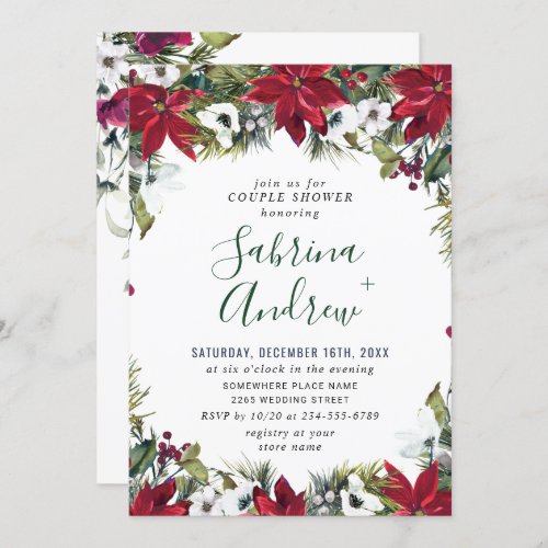 Elegant Red Poinsettia Watercolor COUPLE SHOWER Invitation