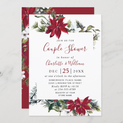 Elegant Red Poinsettia Watercolor COUPLE SHOWER Invitation