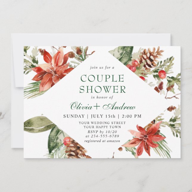 Elegant Red Poinsettia Watercolor COUPLE SHOWER Invitation (Front)