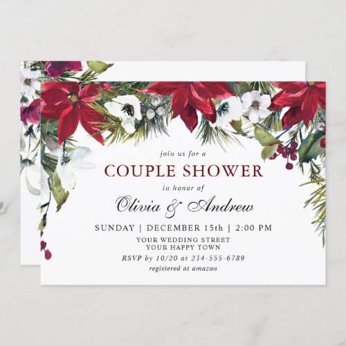 Elegant Red Poinsettia Watercolor COUPLE SHOWER Invitation