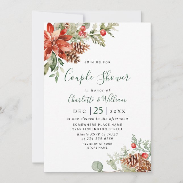 Elegant Red Poinsettia Watercolor COUPLE SHOWER Invitation (Front)