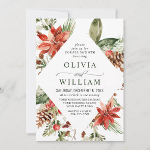 Elegant Red Poinsettia Watercolor COUPLE SHOWER Invitation