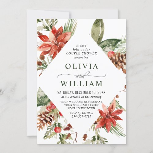 Elegant Red Poinsettia Watercolor COUPLE SHOWER Invitation