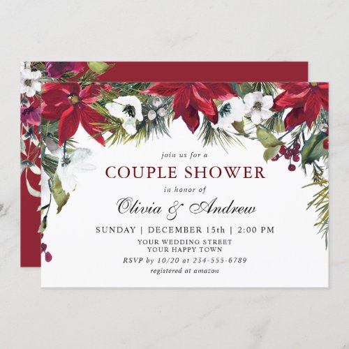 Elegant Red Poinsettia Watercolor COUPLE SHOWER Invitation