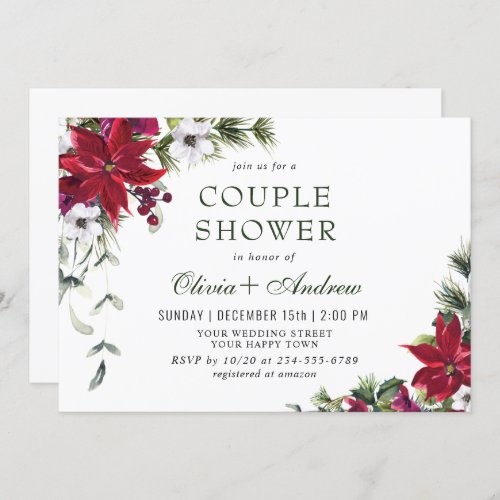 Elegant Red Poinsettia Watercolor COUPLE SHOWER Invitation