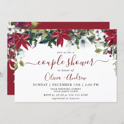 Elegant Red Poinsettia Watercolor COUPLE SHOWER Invitation