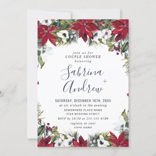 Elegant Red Poinsettia Watercolor COUPLE SHOWER Invitation