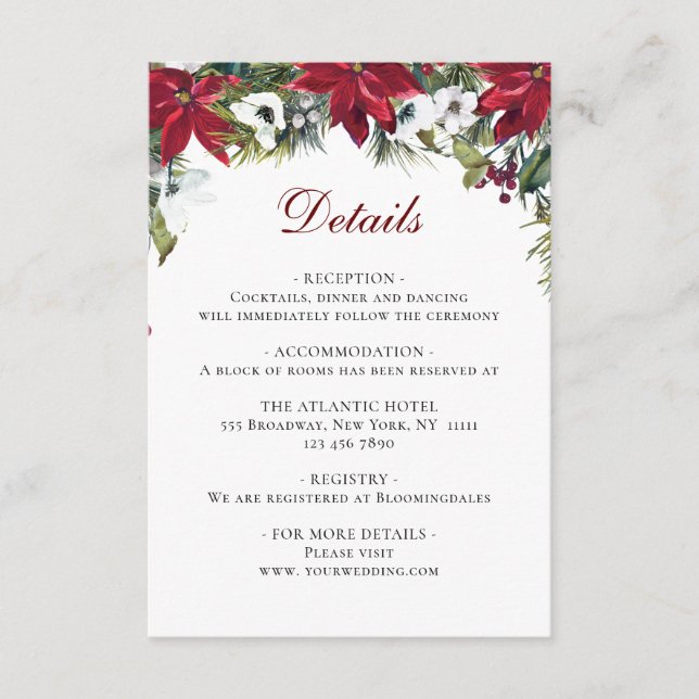 Elegant Red Poinsettia Watercolor Details Enclosure Card (Front)
