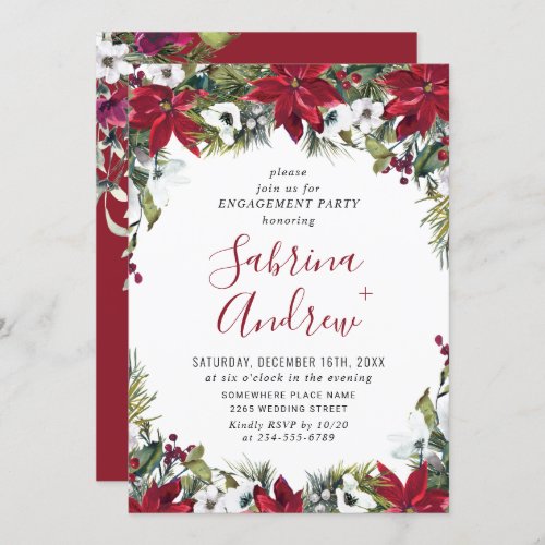 Elegant Red Poinsettia Watercolor ENGAGEMENT PARTY Invitation