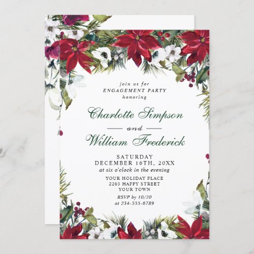 Elegant Red Poinsettia Watercolor ENGAGEMENT PARTY Invitation