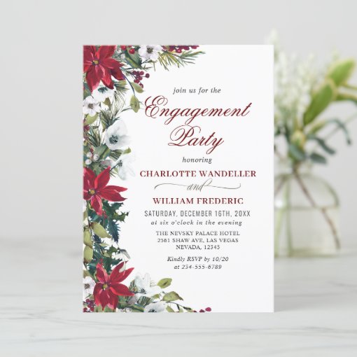 Elegant Red Poinsettia Watercolor ENGAGEMENT PARTY Invitation | Zazzle