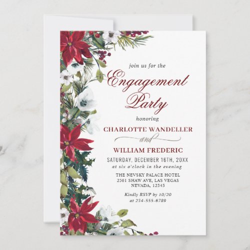 Elegant Red Poinsettia Watercolor ENGAGEMENT PARTY Invitation