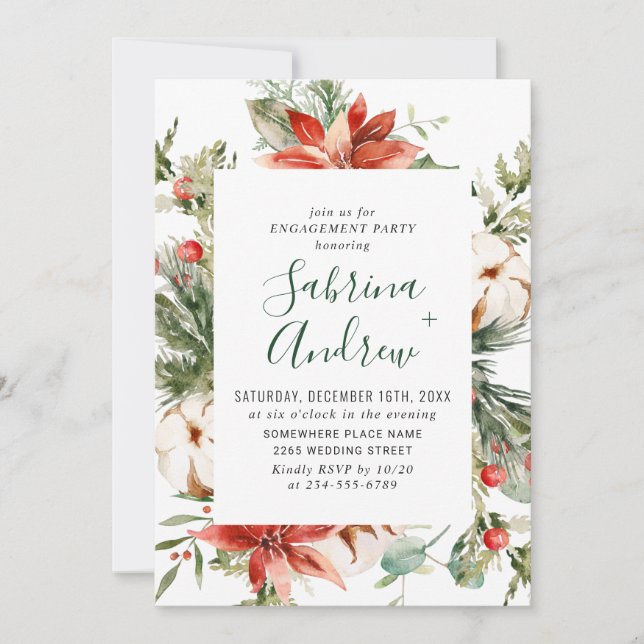 Elegant Red Poinsettia Watercolor ENGAGEMENT PARTY Invitation (Front)