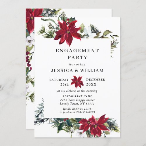 Elegant Red Poinsettia Watercolor ENGAGEMENT PARTY Invitation