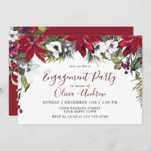 Elegant Red Poinsettia Watercolor ENGAGEMENT PARTY Invitation