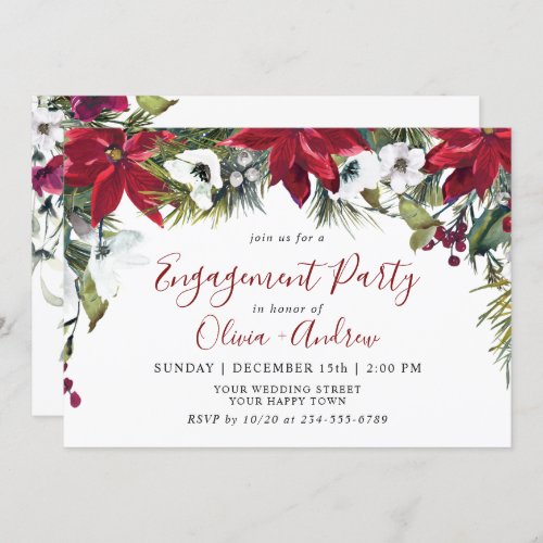 Elegant Red Poinsettia Watercolor ENGAGEMENT PARTY Invitation