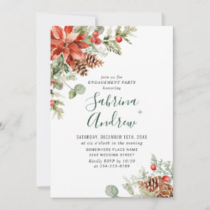 Elegant Red Poinsettia Watercolor ENGAGEMENT PARTY Invitation
