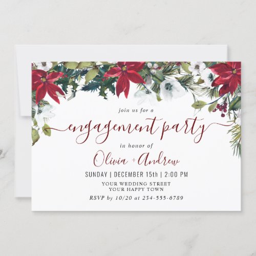 Elegant Red Poinsettia Watercolor ENGAGEMENT PARTY Invitation