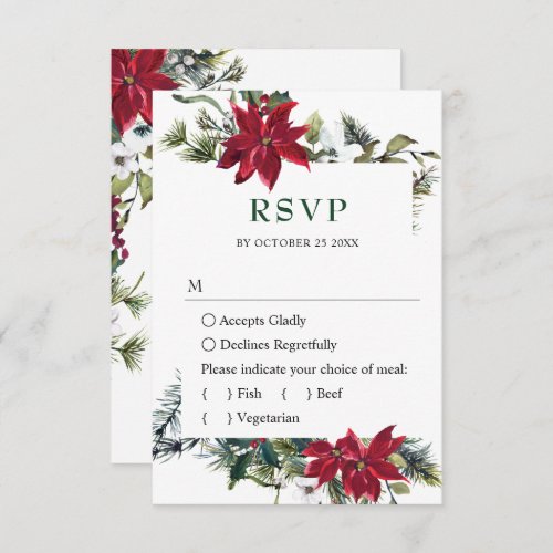 Elegant Red Poinsettia Watercolor Pine Fir Wedding RSVP Card