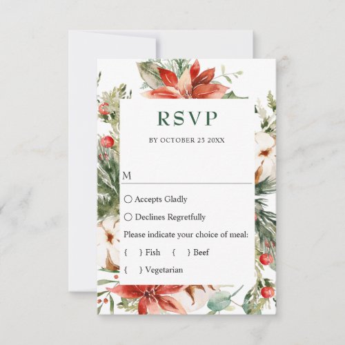 Elegant Red Poinsettia Watercolor Pine Fir Wedding RSVP Card