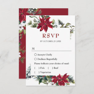 Elegant Red Poinsettia Watercolor Pine Fir Wedding RSVP Card