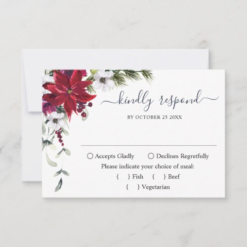 Elegant Red Poinsettia Watercolor Pine Fur Wedding RSVP Card