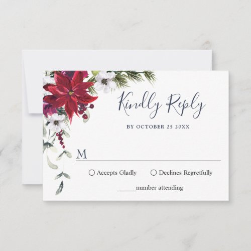 Elegant Red Poinsettia Watercolor Pine Fur Wedding RSVP Card