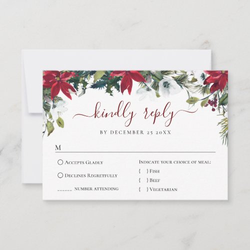 Elegant Red Poinsettia Watercolor Pine Fur Wedding RSVP Card