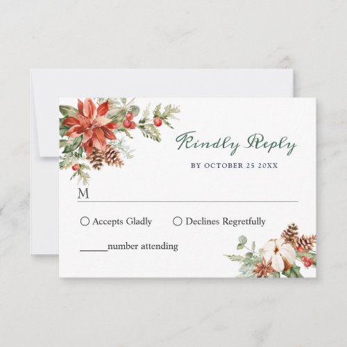 Elegant Red Poinsettia Watercolor Pine Fur Wedding RSVP Card