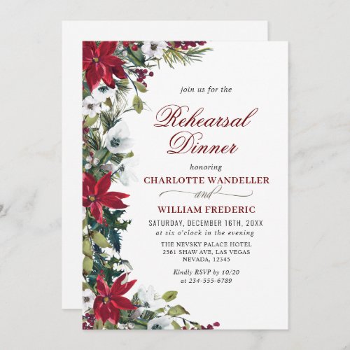 Elegant Red Poinsettia Watercolor REHEARSAL DINNER Invitation