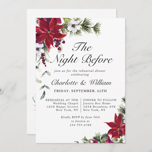 Elegant Red Poinsettia Watercolor REHEARSAL DINNER Invitation (Front/Back)