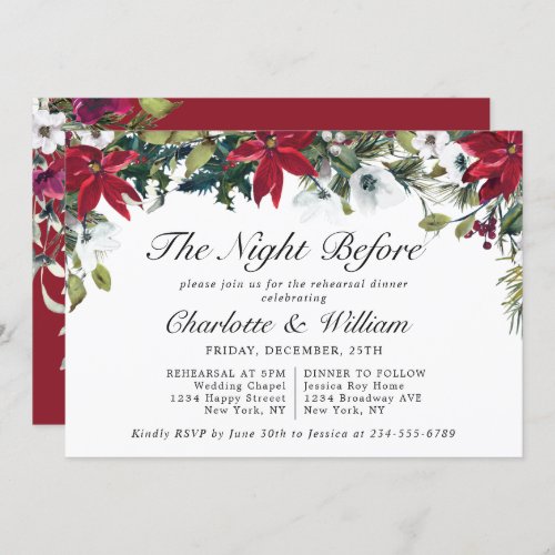 Elegant Red Poinsettia Watercolor REHEARSAL DINNER Invitation