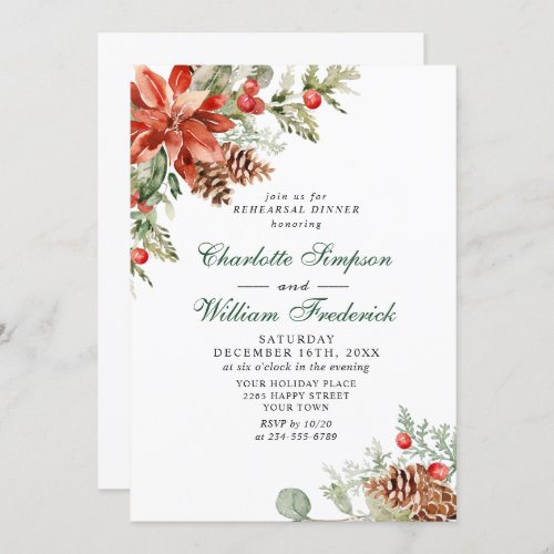 Elegant Red Poinsettia Watercolor REHEARSAL DINNER Invitation