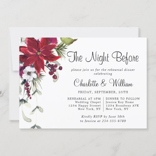 Elegant Red Poinsettia Watercolor REHEARSAL DINNER Invitation