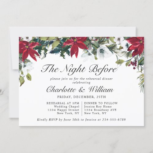 Elegant Red Poinsettia Watercolor REHEARSAL DINNER Invitation